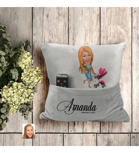 BK Gift Kişiye Özel Ev Hanımı Karikatür Tasarımlı Organizer Kumanda ve Atıştırmalık Cepli Gri Kırlent Yastık-1 Arkadaşa Hediye, Cepli Yastık