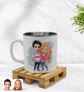 BK Gift Kişiye Özel Sevgililer Karikatürlü İçi Siyah Renkli Kupa Bardak Model 5