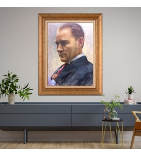 Altın Varaklı Çerçeveli Paspartulu Atatürk Tablo TR0791 (Gold)