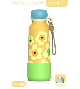 Desenli 550 ML Pipetli Sızdırmaz Paslanmaz Çelik Termos Matara El Askılı bpa içermez 550ml 1105FF