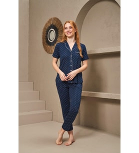 Pjs 25163 Kadın Yakalı Düğmeli Puanlı Kısa Kollu Pijama Takım