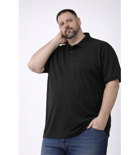 pilelistore- Erkek Pike Kumaş Düğmeli Yaka Battal Büyük Beden Günlük Kısa Kol Tişört T-shirt - Siyah