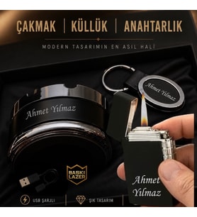 İsme Özel Küllük Metal Çakmak Küllük Hediye Seti - Sevgiliye Eşe Arkadaşa Babaya Hediye