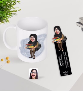 BK Gift Kişiye Özel Tesettürlü Kadın Öğretmen Karikatürlü Kupa Bardak ve Ahşap Kitap Ayracı-2