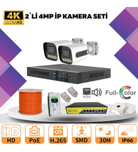 2'li Güvenlik IP Kamera Seti - 4MP Dış Mekan Kamera, 3.6mm Lens, H.265, PoE, Warm Led Gece Görüşlü (Beyaz)