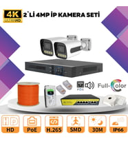 2'li Güvenlik IP Kamera Seti - 4MP Dış Mekan Kamera, 3.6mm Lens, H.265, PoE, Warm Led Gece Görüşlü (Beyaz)