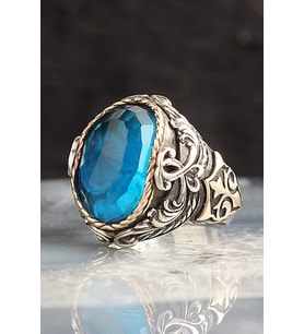 Blue Topaz Taşlı 925 Ayar Erkek Gümüş Yüzük
