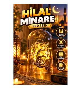 Minare Detaylı Hilal LED Ramazan Süsü – Gold Metal Gövde, Günışığı Sarı, Pilli