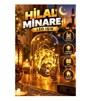 Minare Detaylı Hilal LED Ramazan Süsü – Gold Metal Gövde, Günışığı Sarı, Pilli