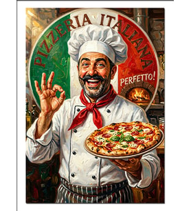 Pizza Tutan Neşeli İtalyan Aşçı Dekoratif Kanvas - Mdf Ahşap Tablo