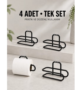 Duvara Yapışkanlı Wc Kağıtlık Siyah Metal 4 Adet Tuvalet Kağıdı Rulo Askısı