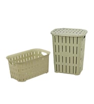 Sağlam Plastik Bambu Görünümlü Kirli Çamaşır Sepeti- Çamaşır sepeti 2'li Set Çöl