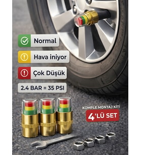 Beylini 4'lü Lastik Basınç Ölçerli Sibop Bisiklet Araba Motosiklet Tekerlek Hava Ölçer 2.4 Bar 35 PSI Set
