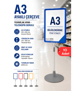 10 Adet - A3 Ayaklı Çerçeve Seti Yuvarlak Tabanlı Teleskopik Fiyat Etiketi Standı Mavi