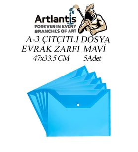 A3 Çıtçıtlı Dosya Mavi 5 Adet A-3 Çıt çıtlı Zarf Dosya Transparan 47x33.5 cm Büyük Boy Çıtçıtlı Dosya