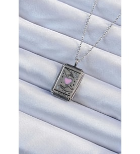 316L Çelik Zincir Eskitme Gümüş Renk Pembe Mineli Kalp Figürlü Tarot Kolye 588 - SSSSSS9658-7