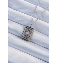 316L Çelik Zincir Eskitme Gümüş Renk Pembe Mineli Kalp Figürlü Tarot Kolye 588 - SSSSSS9658-7