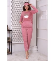 Fwn 3010 Peluş Welsoft Polar Kışlık Pandalı Cepli Kadın Pijama Takımı (Pudra)