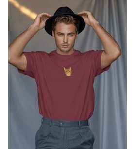 Erkek Bengal Kedi Baskılı Oversize Tişört – Minimal Bengal Cat Tasarım (Bordo)