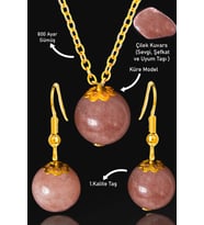 Sertifikalı Gold Küre Model Çilek Kuvars Taşı Kolye ve Küpe Seti - Gümüş Aparatlı (Çok Renkli)