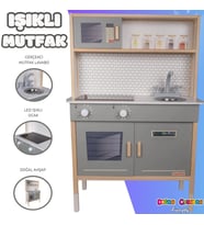 Delüx Işıklı Hamarat Ahşap Mutfak - Ahşap Çocuk Mutfağı - Mutfak Seti - Kapaklı Mutfak - Gri