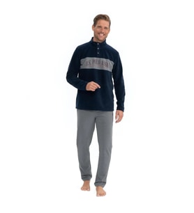 U.S. Polo Assn. Erkek Uzun Kollu Yakası Düğmeli Kışlık Pijama Takımı (Lacivert)