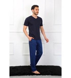 Erkek Penye 3'lü Lacivert V Yaka Pijama Takımı