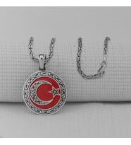 Gravur İşlemeli Büyük Boy Ay Yıldız 925 Ayar Gümüş Erkek Kolye