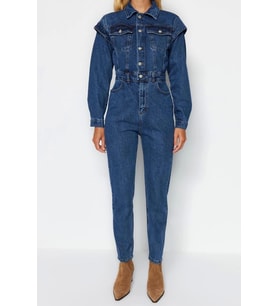 Kadın Moda Standart Kol Dar Paça Ceket Yaka Regular Dikiş Detaylı Denim Tulum