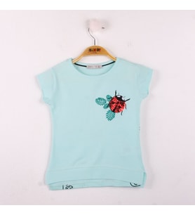 Kız Çocuk Tişört Uğur Böceği Nakışlı (Mint Yeşili)
