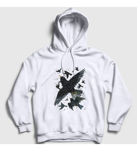 Presmono Unisex Beyaz Herd Of Birds Kuş Karga Kapüşonlu Sweatshirt 321407tt