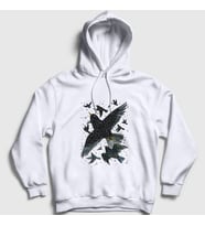 Presmono Unisex Beyaz Herd Of Birds Kuş Karga Kapüşonlu Sweatshirt 321407tt