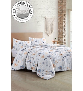 Lastikli Çarşaflı %100 Pamuk Saten Çift Kişilik Nevresim Takımı Soft Floral Luxury