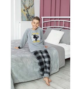 Yeni Sezon Sonbahar/Kış Erkek Çocuk Motorsiklet Desenli Polar Pijama Takımı 4509 (Gri)