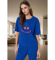 Kadın Pamuklu Rahat Baskılı Pijama Takımı Kısa Kollu Tişört Pantolon Kullanım Ve Şık (Lacivert)