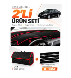 e-biz VOLKSWAGEN PASSAT B6 (2005-2010) Uyumlu Torpido Örtüsü + Deri Çanta - Siyah-Kırmızı - VW016