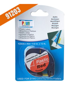 PUUN®Dymo Letratag Muadil Bant 59424 91203 12MMX4M Plastik Kırmızı Etikete Siyah Yazı Şerit Etiket Kaseti (Çok Renkli)