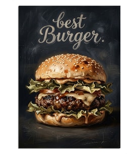 Best Burger Yazılı Hamburger İllüstrasyonu Dekoratif Kanvas - Mdf Ahşap Tablo