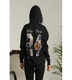 Kadın Oversize Kapüşonlu Cepli Baskılı 3 İplik Pamuklu Hoodie Sweatshirt - Siyah