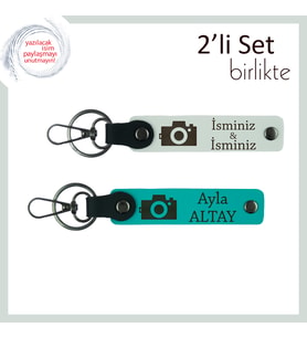 Sanatı Seven Öğretmene Uygun Armağan, Fotoğraf Desenli Deri Anahtarlık Seti, Beyaz-Koyu Turkuaz