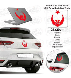 Selçuklu Çift Başlı Kartal Göktürkçe Türk Yazılı Ay Yıldız Kırmızı Sticker - Araç Oto Araba Etiket,