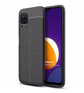 Microsonic Samsung Galaxy M12 Kılıf Deri Dokulu Silikon Siyah