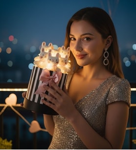 Anneler Günü Hediyesi LED Işıklı Premium Silindir Hediye Kutusunda, 6'lı Renkli Peluş Kedi Temalı Ayıcık Buketi Sevgiliye Kıza Eşe Hediye (Beyaz)