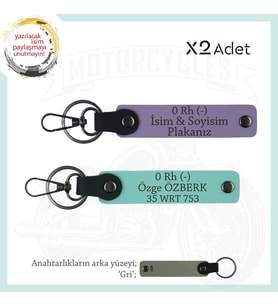 Motosiklet Aşıkları İçin, İsim Plaka ve 0 Rh (-) Kan Grubu, Acil Durum x2 Anahtarlık, Mor-Turkuaz-Gr (Çok Renkli)