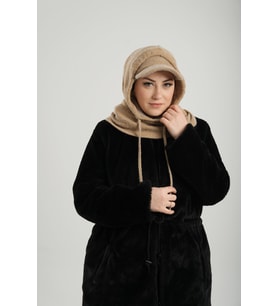 Bej Bağcıklı Peluş Salaş Şapkalı Balaklava Boyunluklu Bere Jakar Düz 2332_12