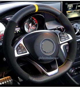 Chevrolet Aveo Direksiyon Kılıfı Alkantra-Karbon Sarı Yüzüklü