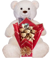 Premium 90 cm Peluş Ayı ve Romantik Balonlu Sütlü Kahve Peluş Ayıcık Buketi (Beyaz)