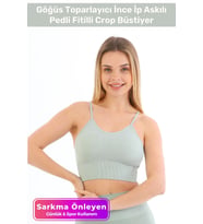 Özel Üretim Göğüs Toparlayıcı Sarkma Önleyen Spor Günlük İnce İp Askılı Pedli Fitilli Crop Büstiyer (Mint)