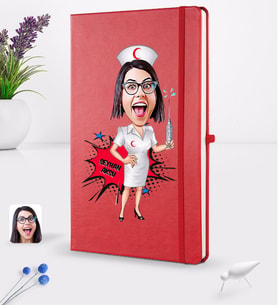 BK Gift Kişiye Özel Kadın Hemşire Karikatürlü Kırmızı Termo Deri Defter 16x24cm Model 1