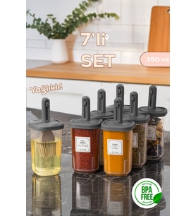 Porsima 4364 7li Kaydırmalı Kaşıklı Sızdırmaz Kapaklı Etiketli Baharatlık Seti - Saklama Kabı